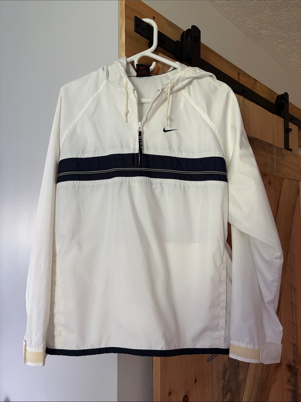 Nike White Windbreaker Pullover with Navy Chest Stripe